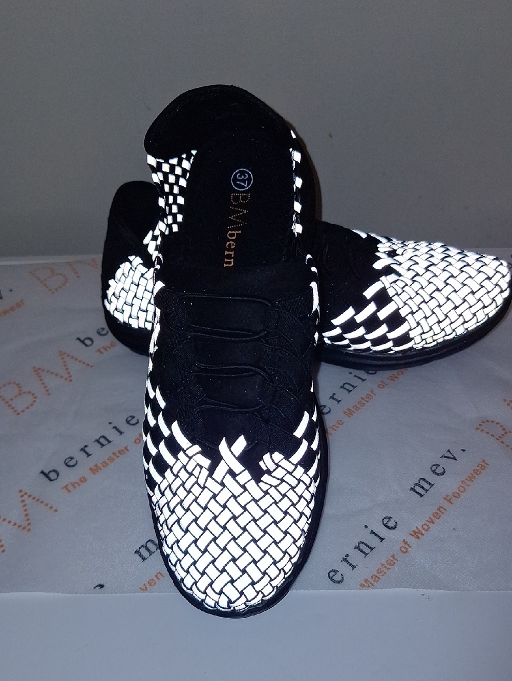 bernie mev. Black and White Woven Slip-On Loafers